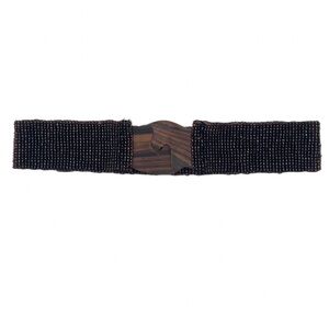 Boho Belt Wide Woven Bead Elastic Will Stretch w/ Interlocking Wooden Buckle 33”